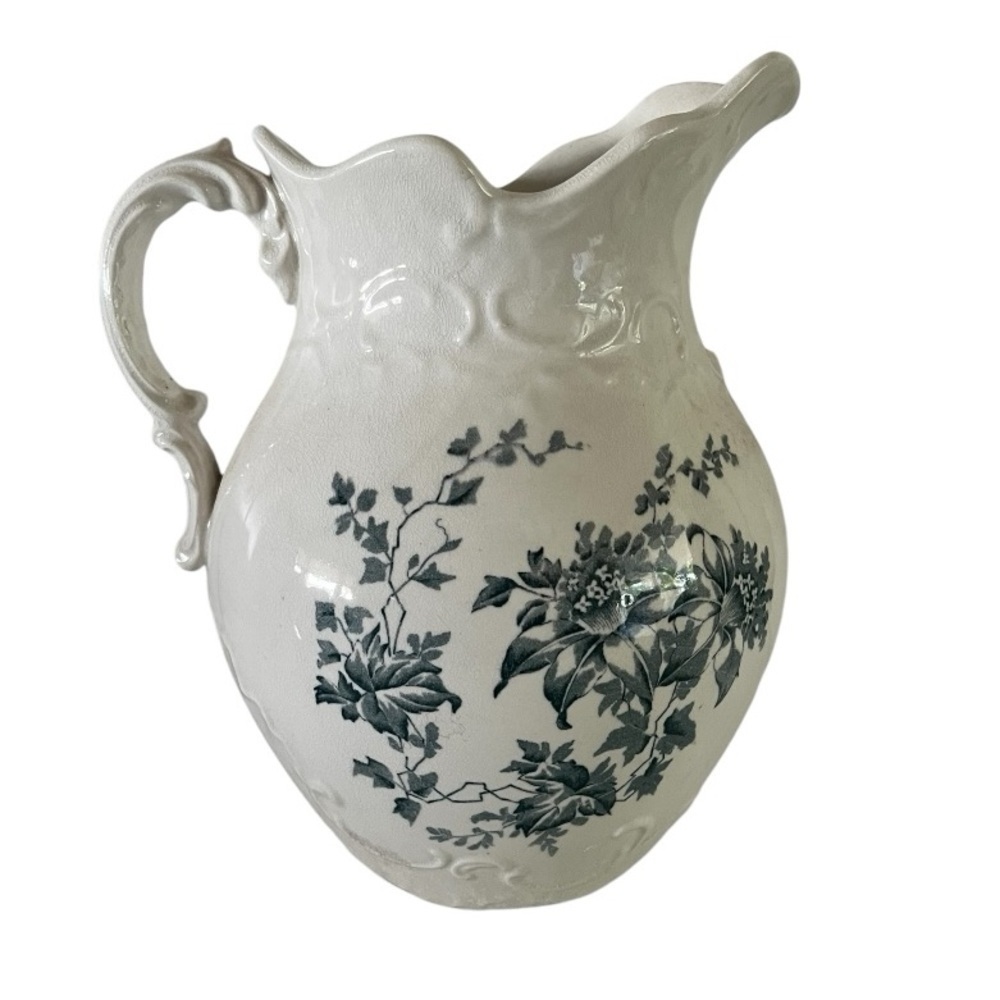 Vintage Empire Pottery Ironstone Blue Lily Transferware Pitcher